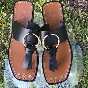 Frame Le Santa Monica Black Leather Sandals with Gold Accents